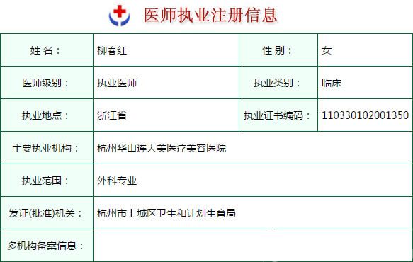 柳春紅醫(yī)生的執(zhí)業(yè)注冊信息 柳春紅醫(yī)生的執(zhí)業(yè)注冊信息