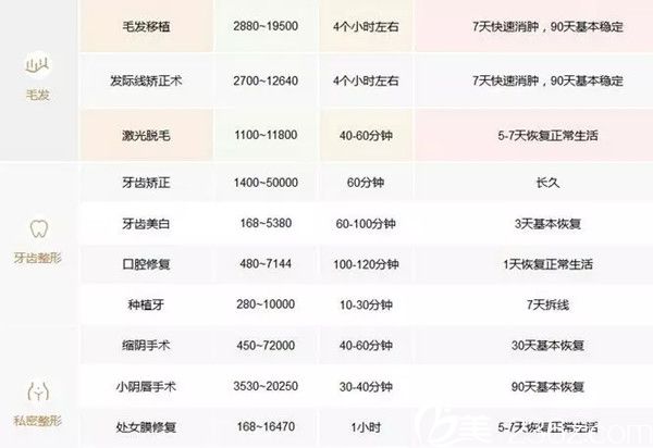 上饒尚美整形美容醫(yī)院毛發(fā)、牙齒整形價(jià)格表